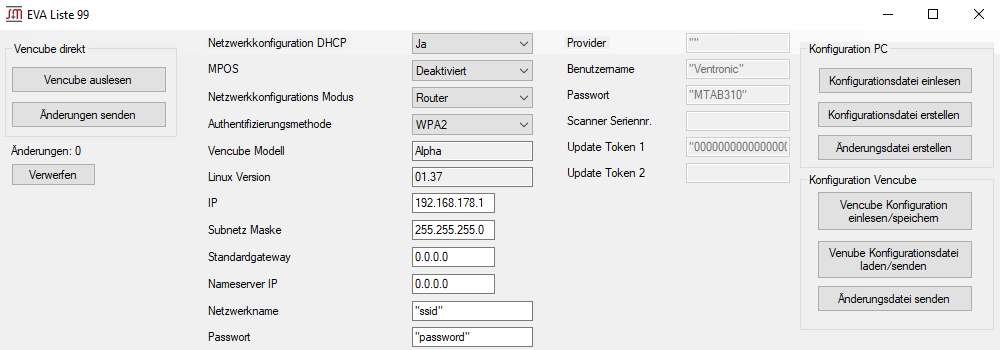 EVA 99 Einstellungsoberfläche